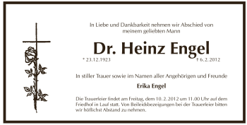 Traueranzeige von Heinz Engel von Pegnitz-Zeitung